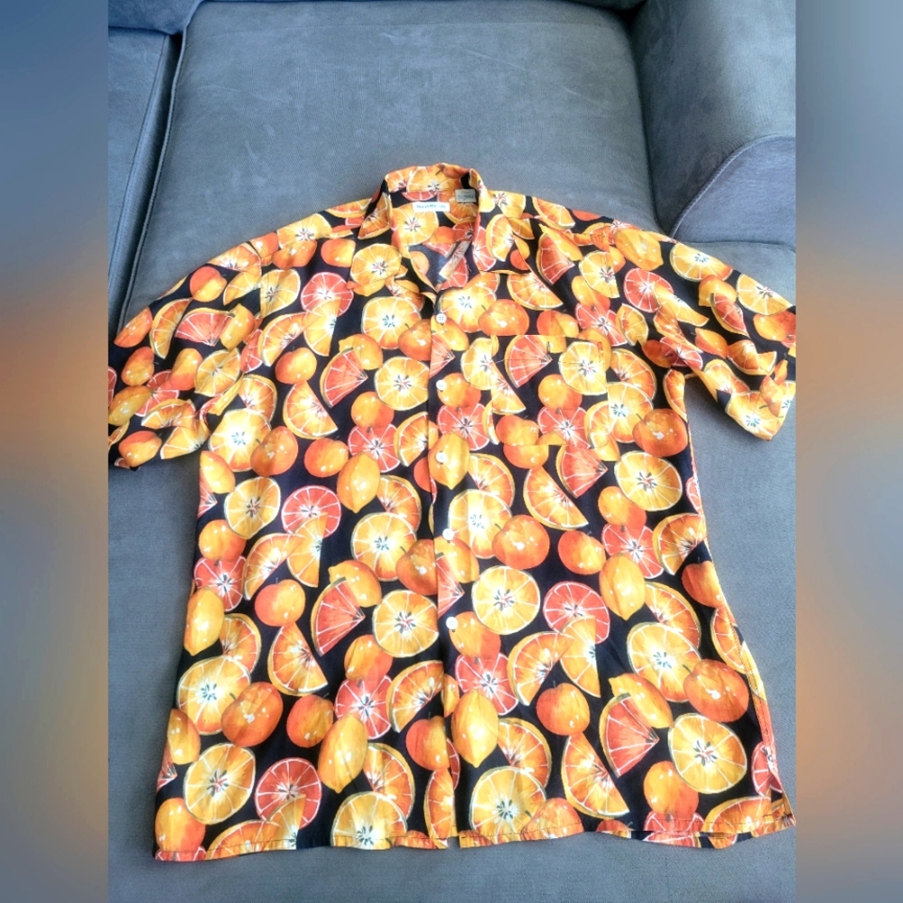 Barry Bricken AOP Oranges Fruit Slices Camp Shirt Vintage 90s Men’s L Aloha
